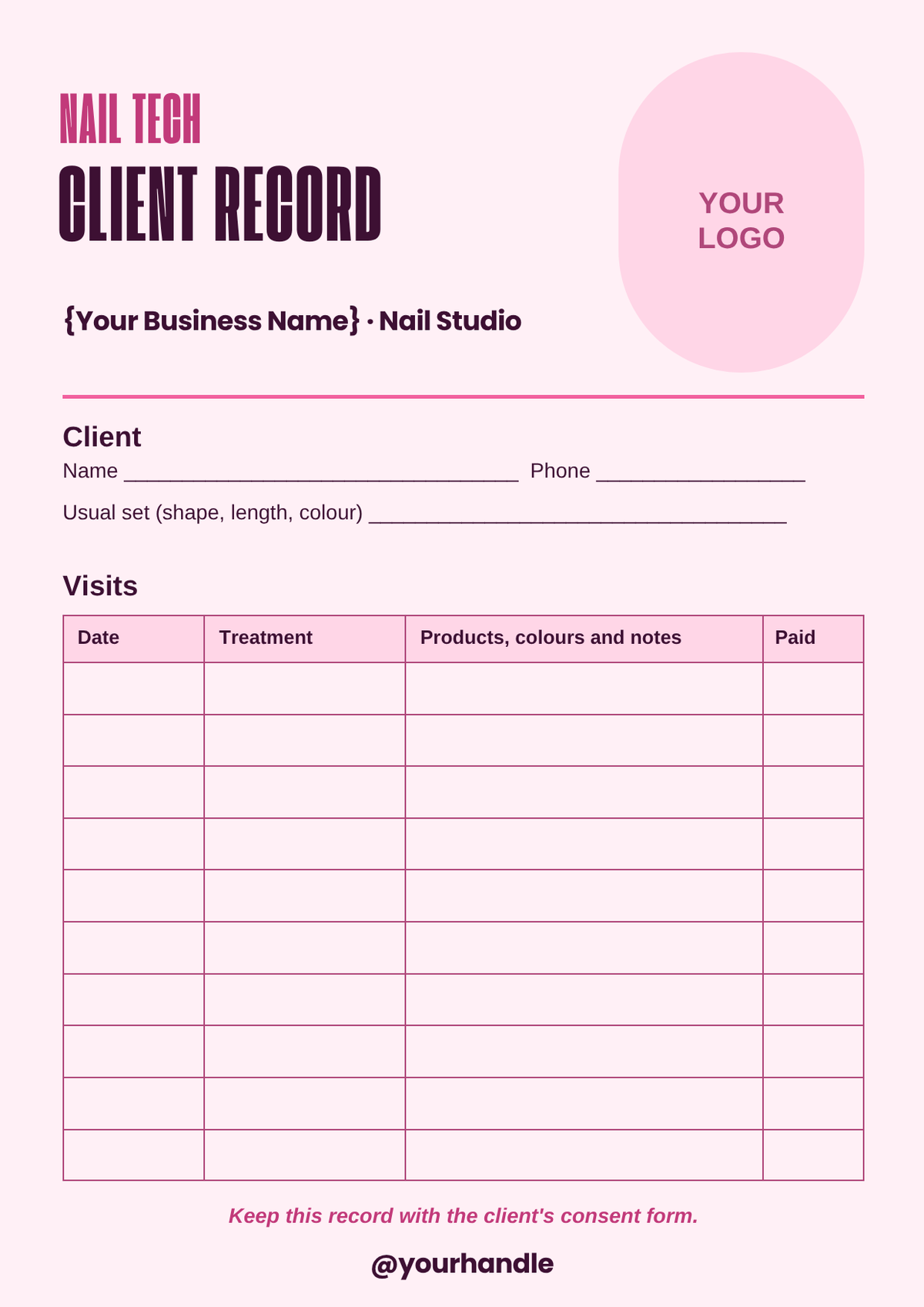 Nail client record card template with visit history table