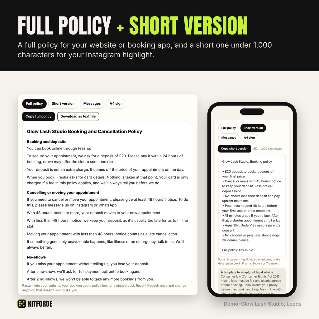 KitForge Booking and cancellation policy generator 2