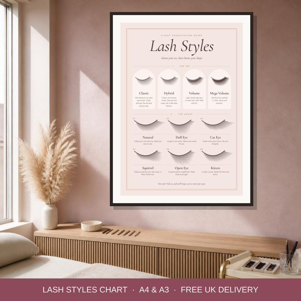 Lash styles chart poster framed in a lash room