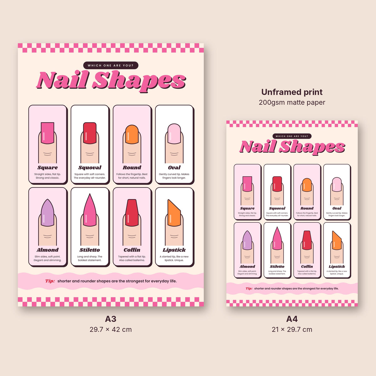Nail shapes chart poster in A3 and A4 sizes