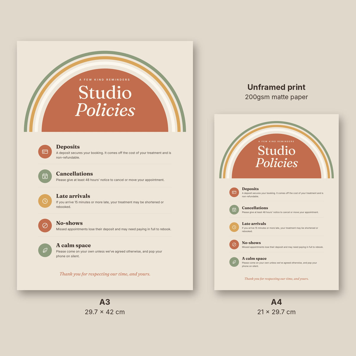 Studio policies sign poster in A3 and A4 sizes