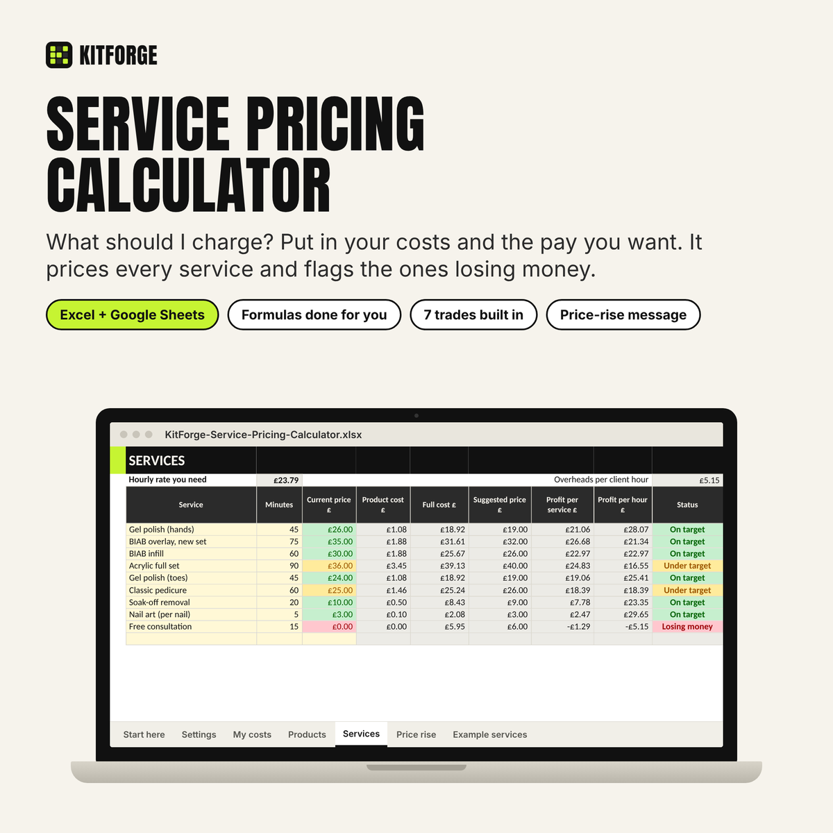 Service Pricing Calculator spreadsheet cover