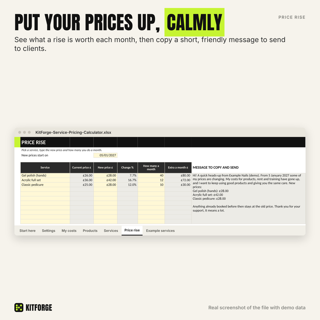 Price rise sheet with client message