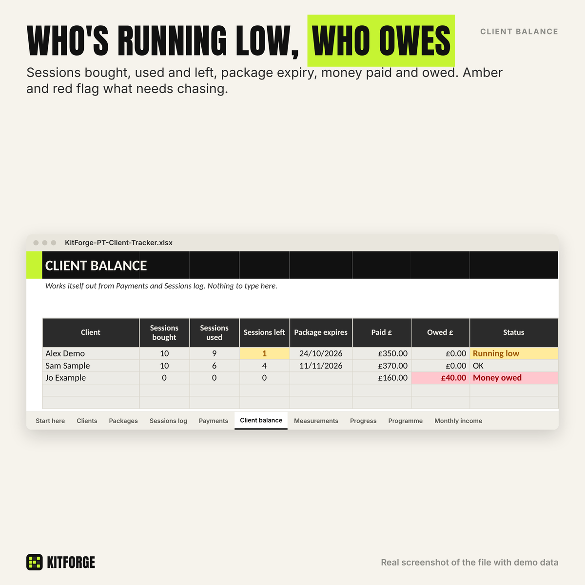 Client balance sheet with sessions left and money owed