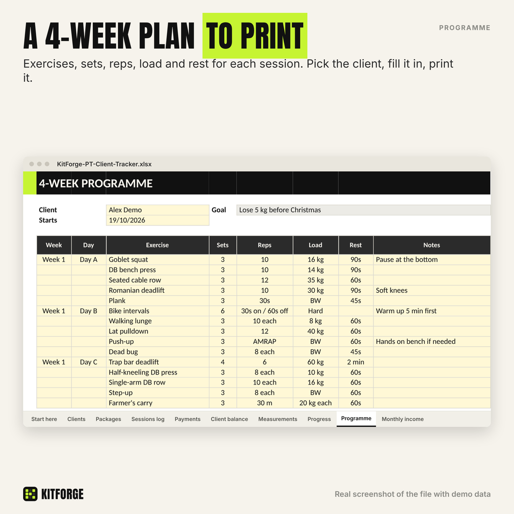 Printable 4-week programme sheet