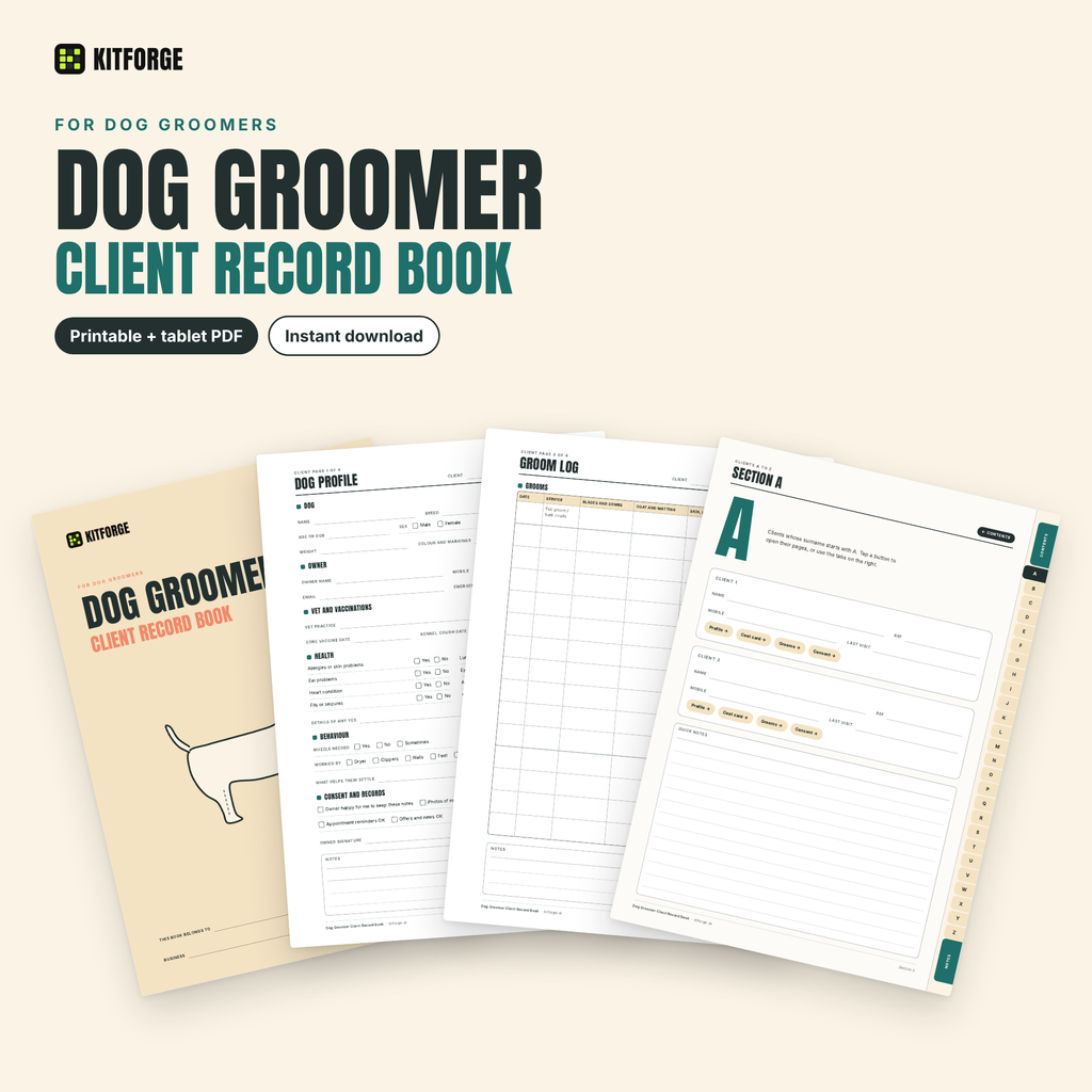 KitForge Dog Groomer client record book cover