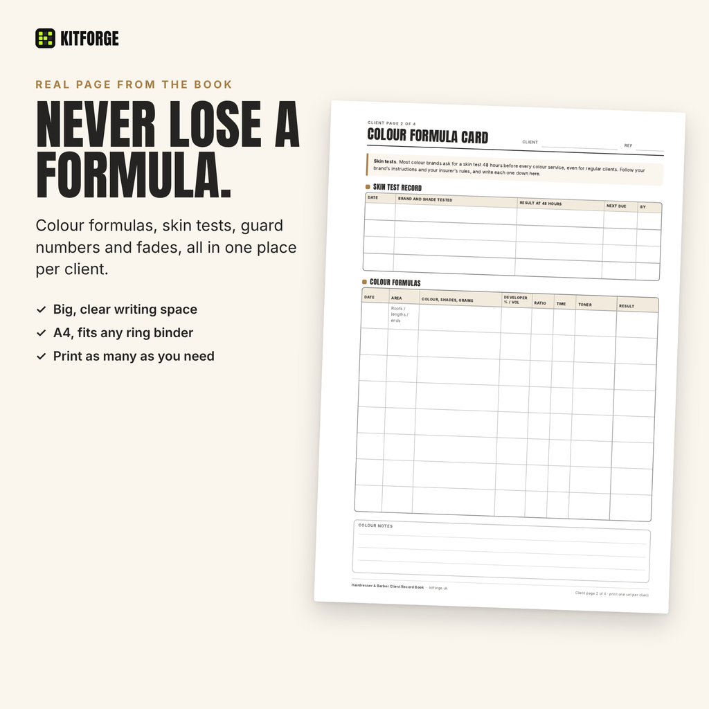 KitForge Hairdresser and Barber client record page