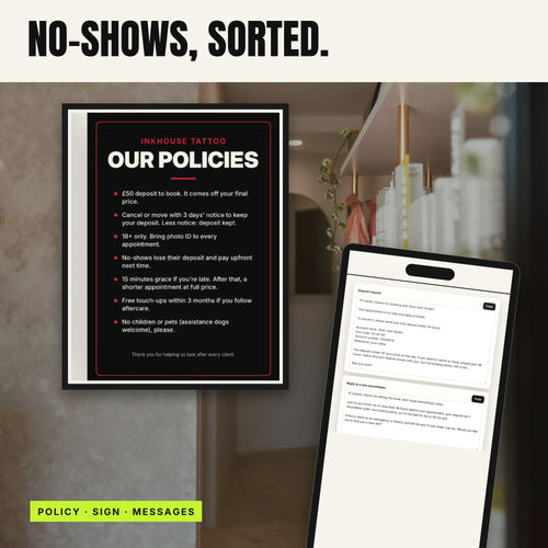 Framed booking policy sign on a salon wall with the deposit messages on a phone