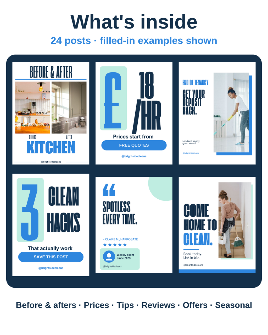 What's inside the Cleaning Business pack: six filled-in example posts including before and after, prices, tips and reviews