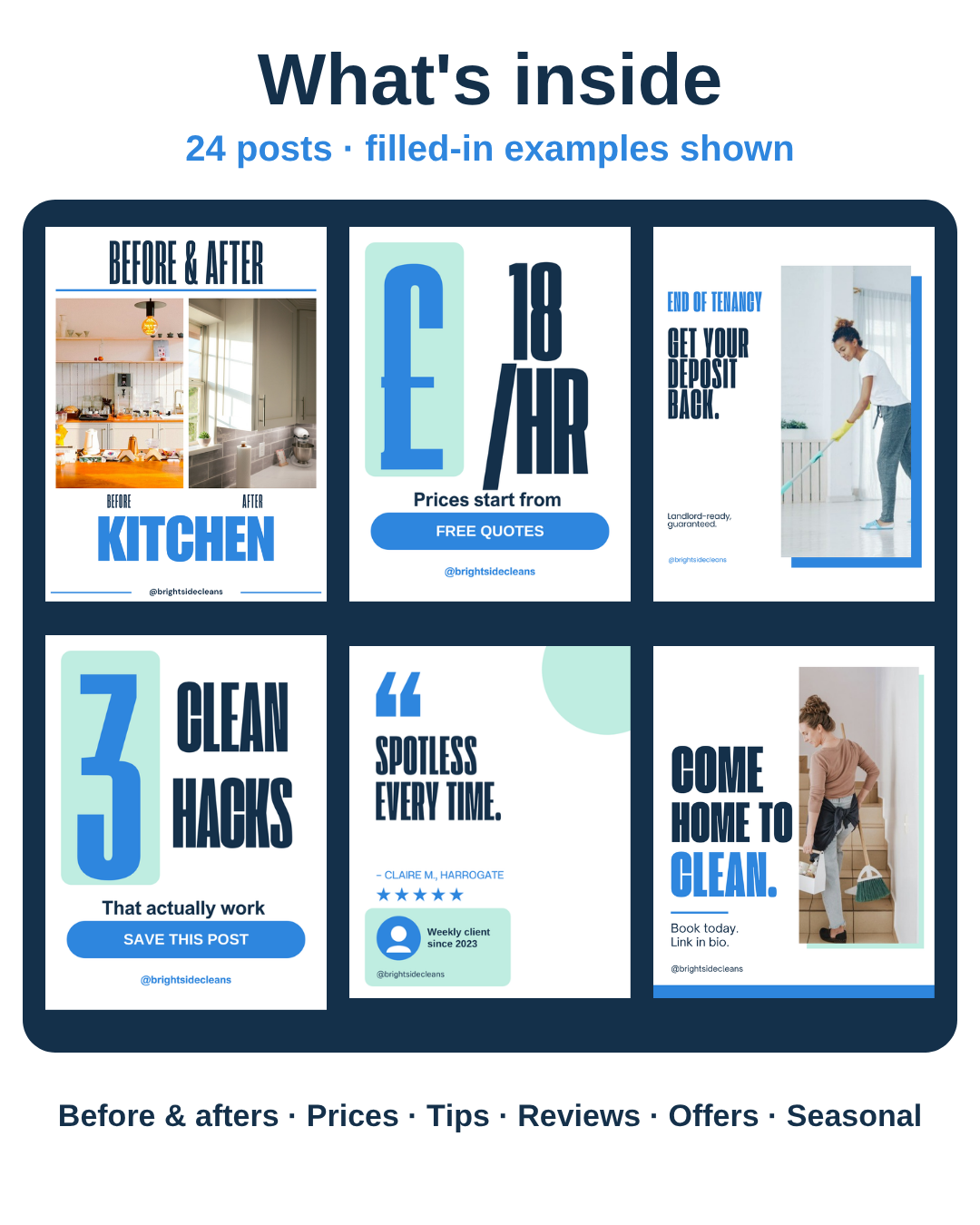 What's inside the Cleaning Business pack: six filled-in example posts including before and after, prices, tips and reviews