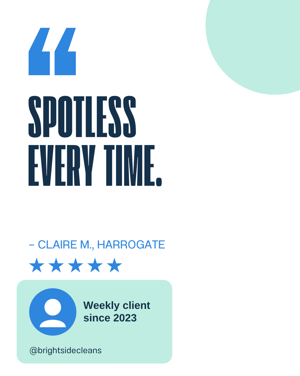 Example cleaning business Instagram post: five-star client review, spotless every time